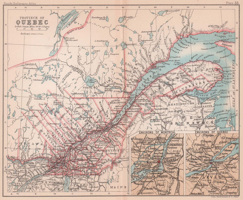 Quebec Province. Montreal & Quebec City environs. Canada. BARTHOLOMEW 1893 map