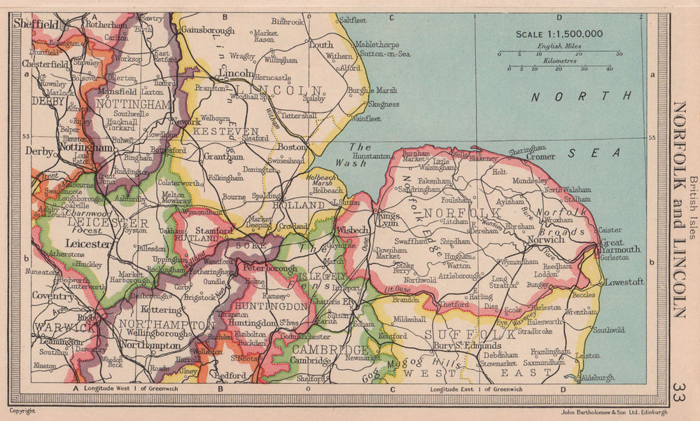 Eastern England. Norfolk Lincolnshire. East Midlands. BARTHOLOMEW 1949 old map