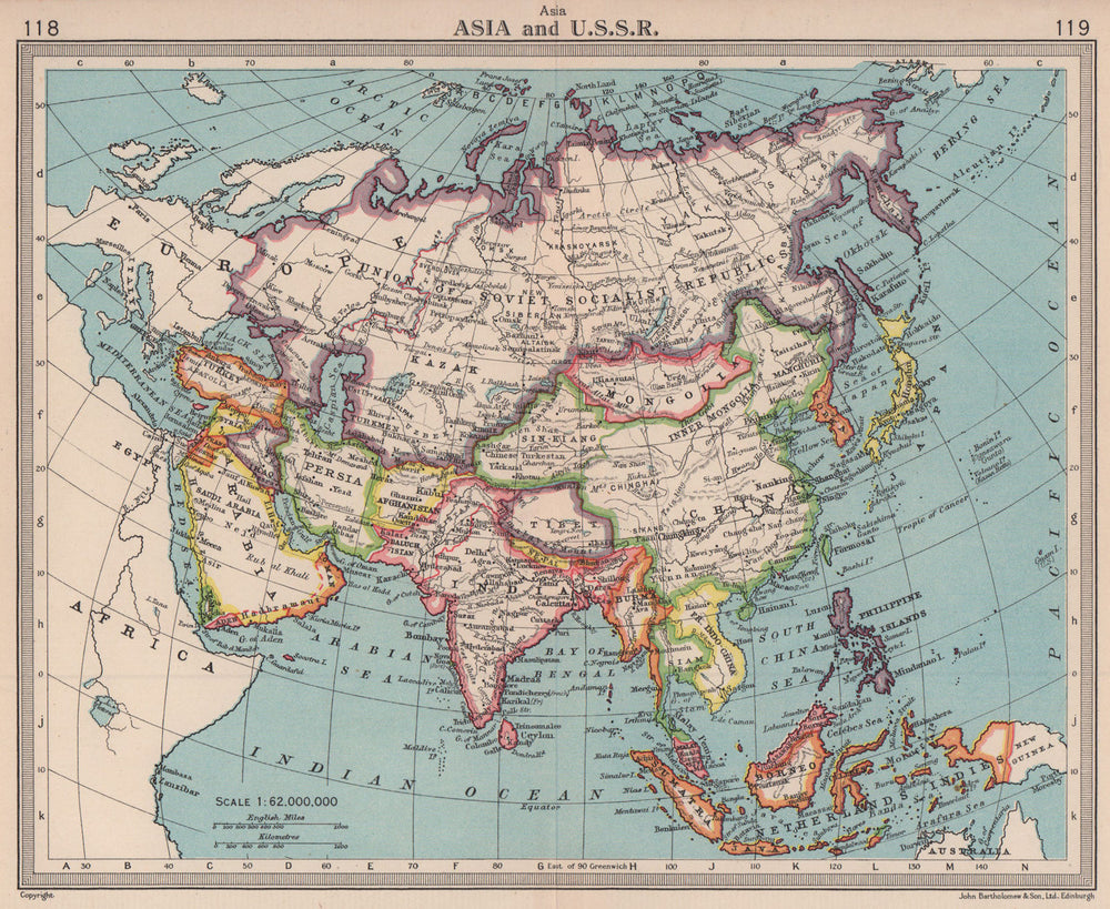 Asia & U.S.S.R. Independent Tibet. Newly partitioned India. BARTHOLOMEW 1949 map
