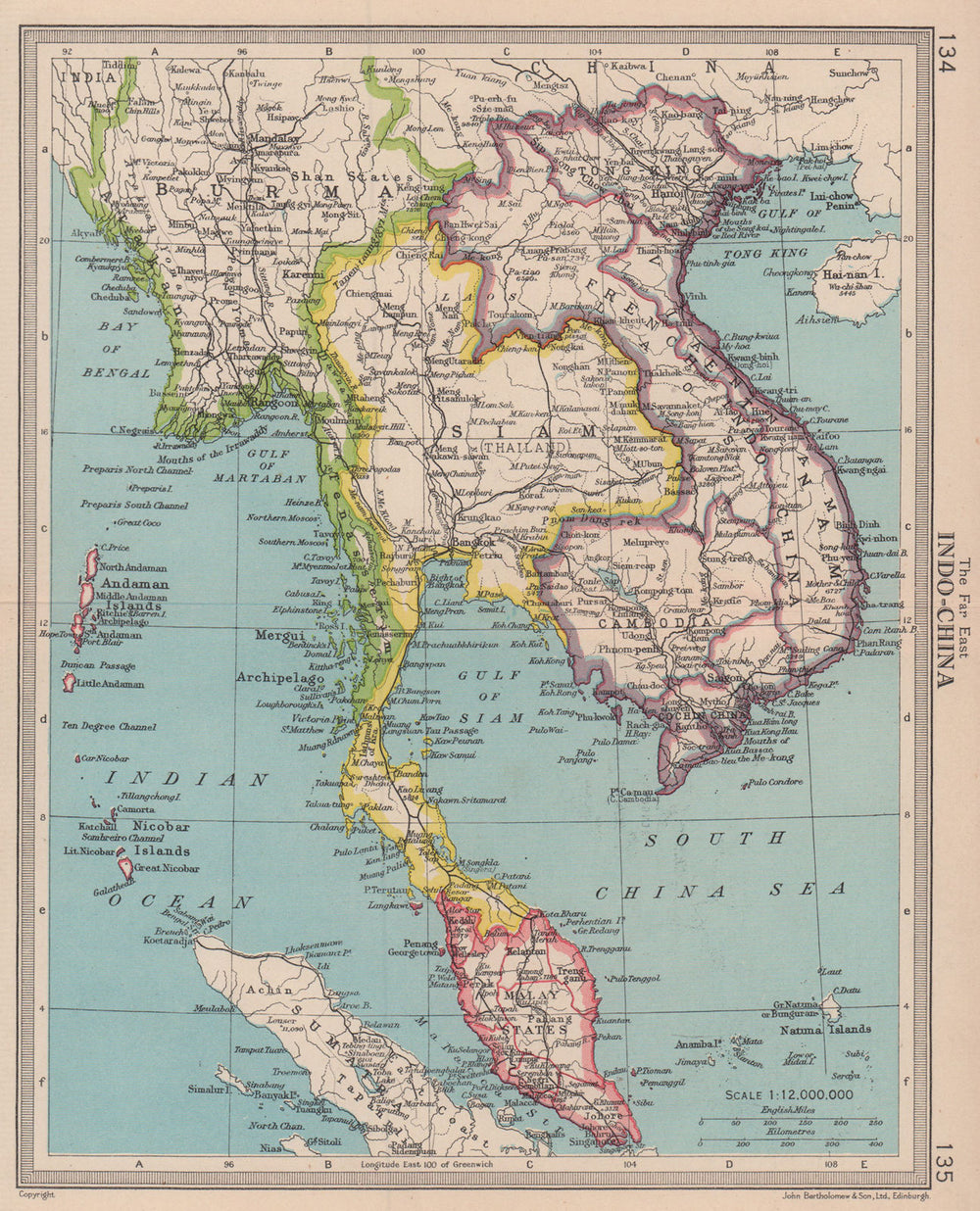 Siam Thailand French Indochina Malay States Burma. BARTHOLOMEW 1949 old map