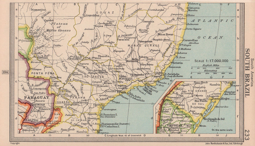 Southern Brazil. BARTHOLOMEW 1949 old vintage map plan chart