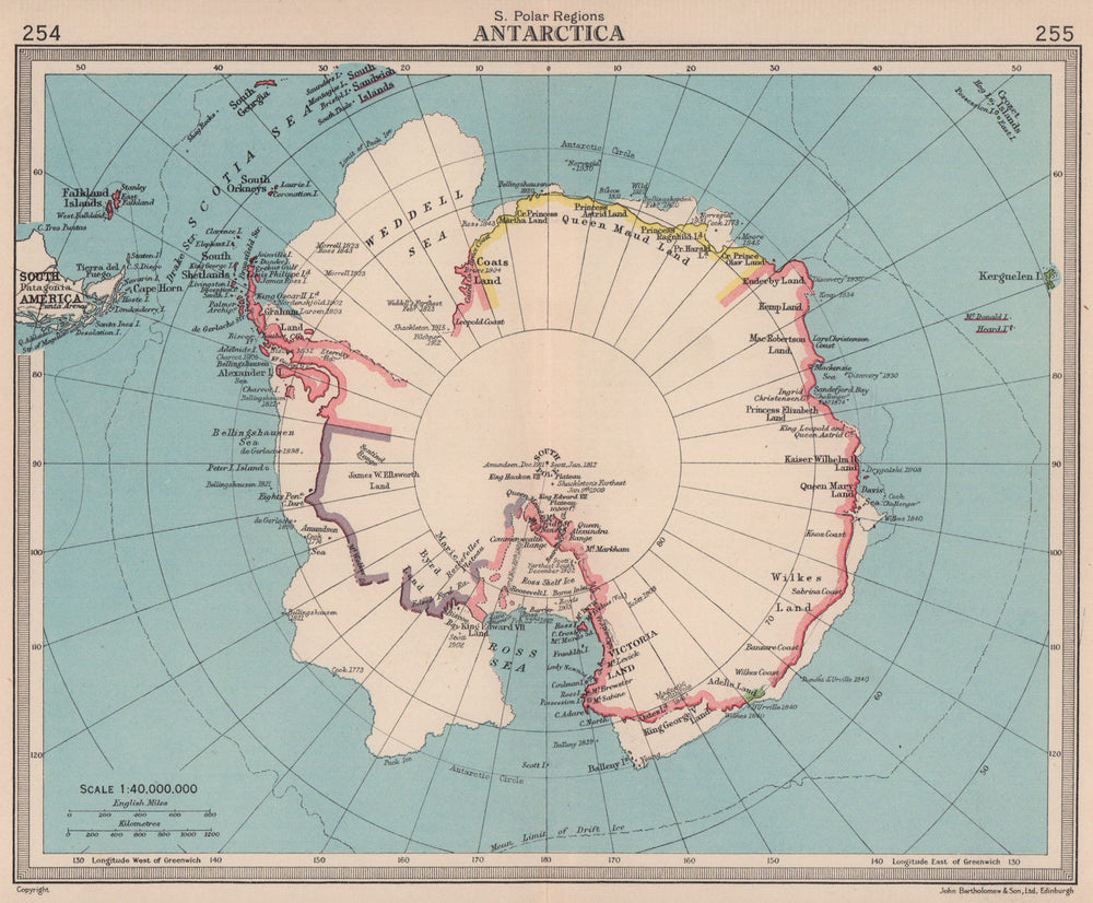 South Polar Regions. Antarctica. BARTHOLOMEW 1949 old vintage map plan chart