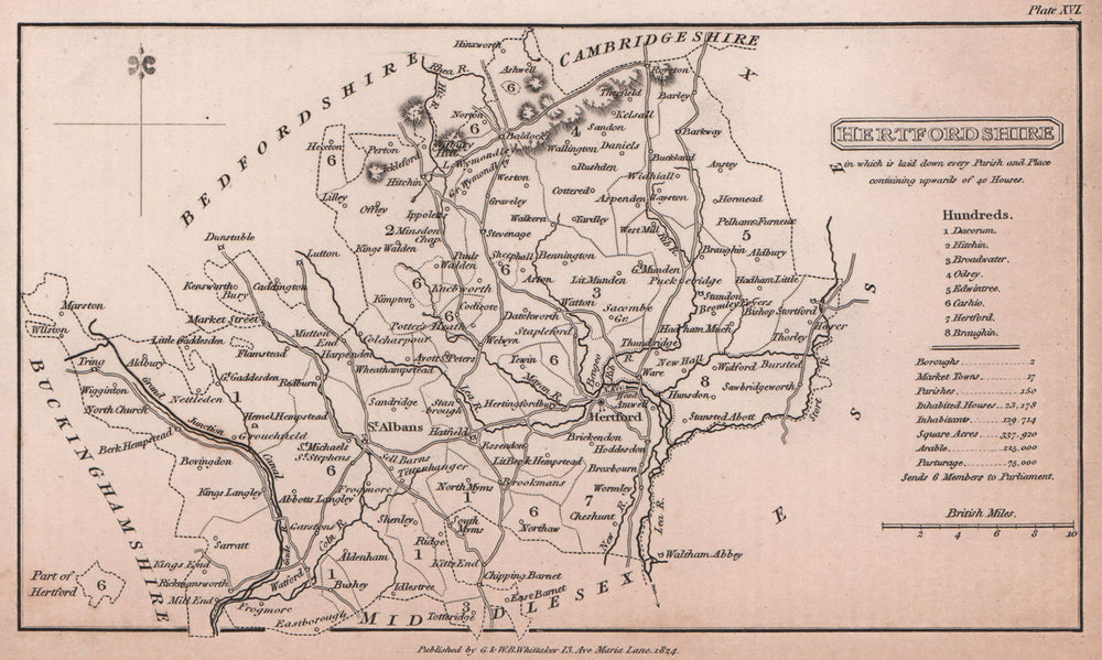 Hertfordshire antique copperplate county map by Benjamin Pitts Capper 1825