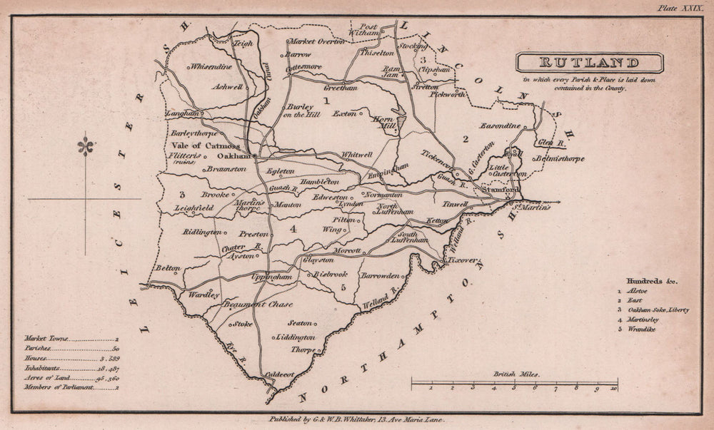 Rutland antique copperplate county map by Benjamin Pitts Capper 1825 old