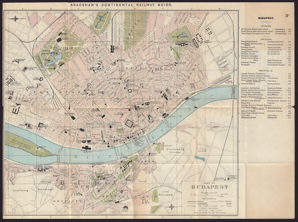 BUDAPEST antique town plan city map. Hungary. BRADSHAW c1898 old