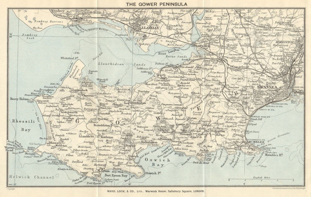 THE GOWER PENINSULA. Llanelli Swansea Mumbles. Wales. WARD LOCK 1936 old map