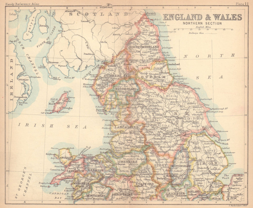 Northern England & Wales. BARTHOLOMEW 1888 old antique vintage map plan chart