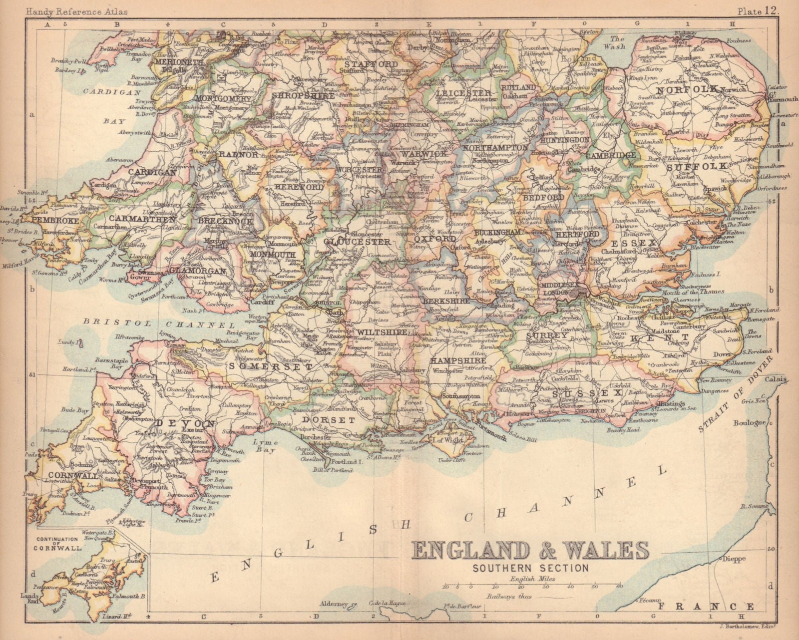 Southern England & Wales. BARTHOLOMEW 1888 old antique