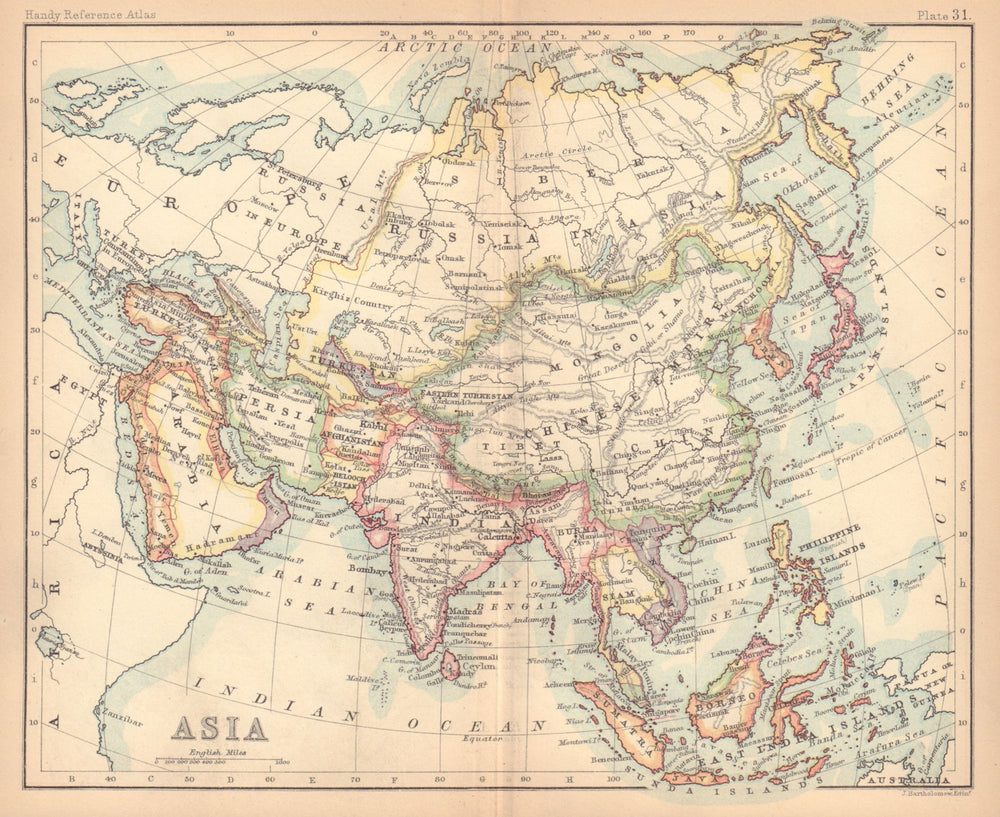 Asia. Persia Siam Anam China Corea. BARTHOLOMEW 1888 old antique map chart