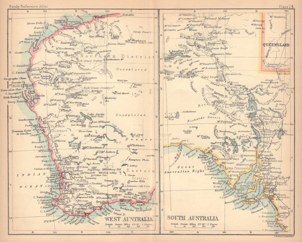 Western Australia & South Australia. BARTHOLOMEW 1888 old antique map chart