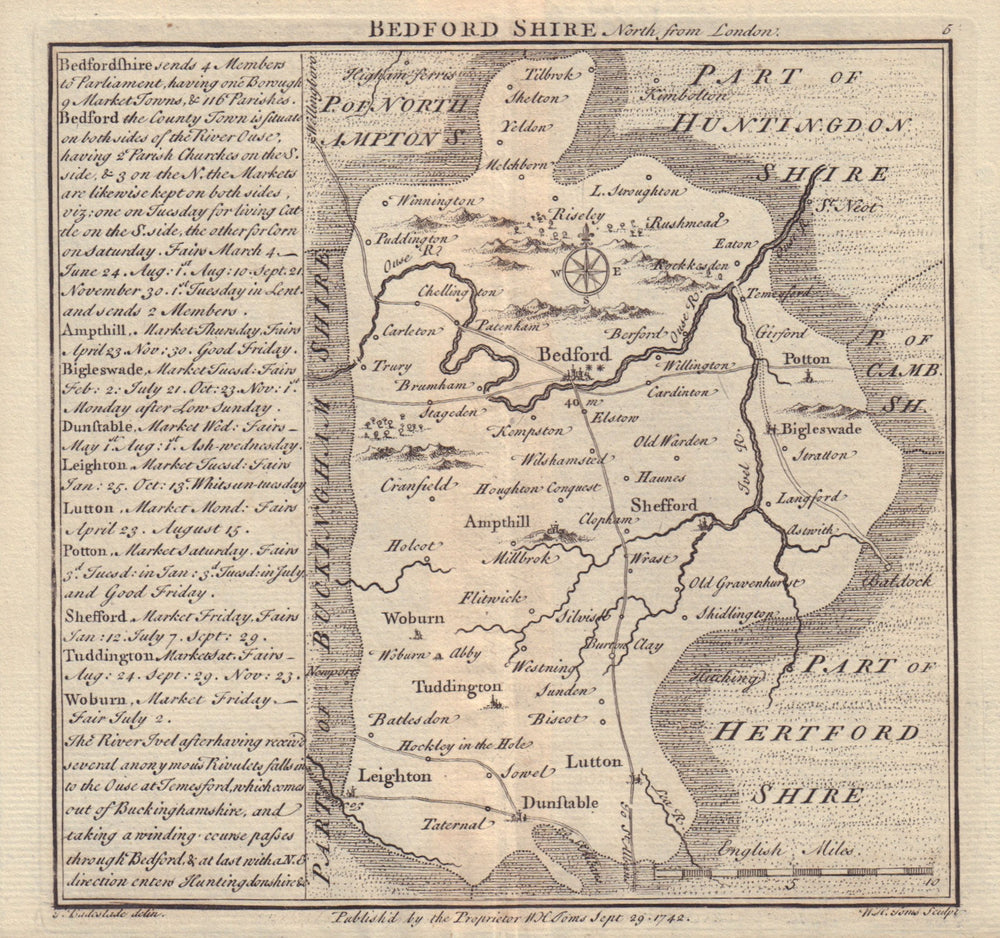 Antique county map of Bedfordshire by Badeslade & Toms 1742 old