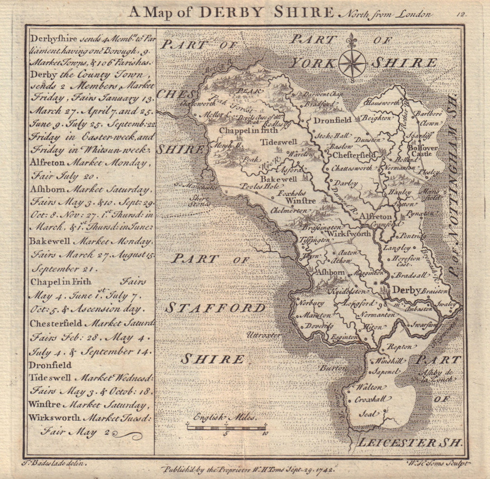 Antique county map of Derbyshire by Badeslade & Toms 1742 old