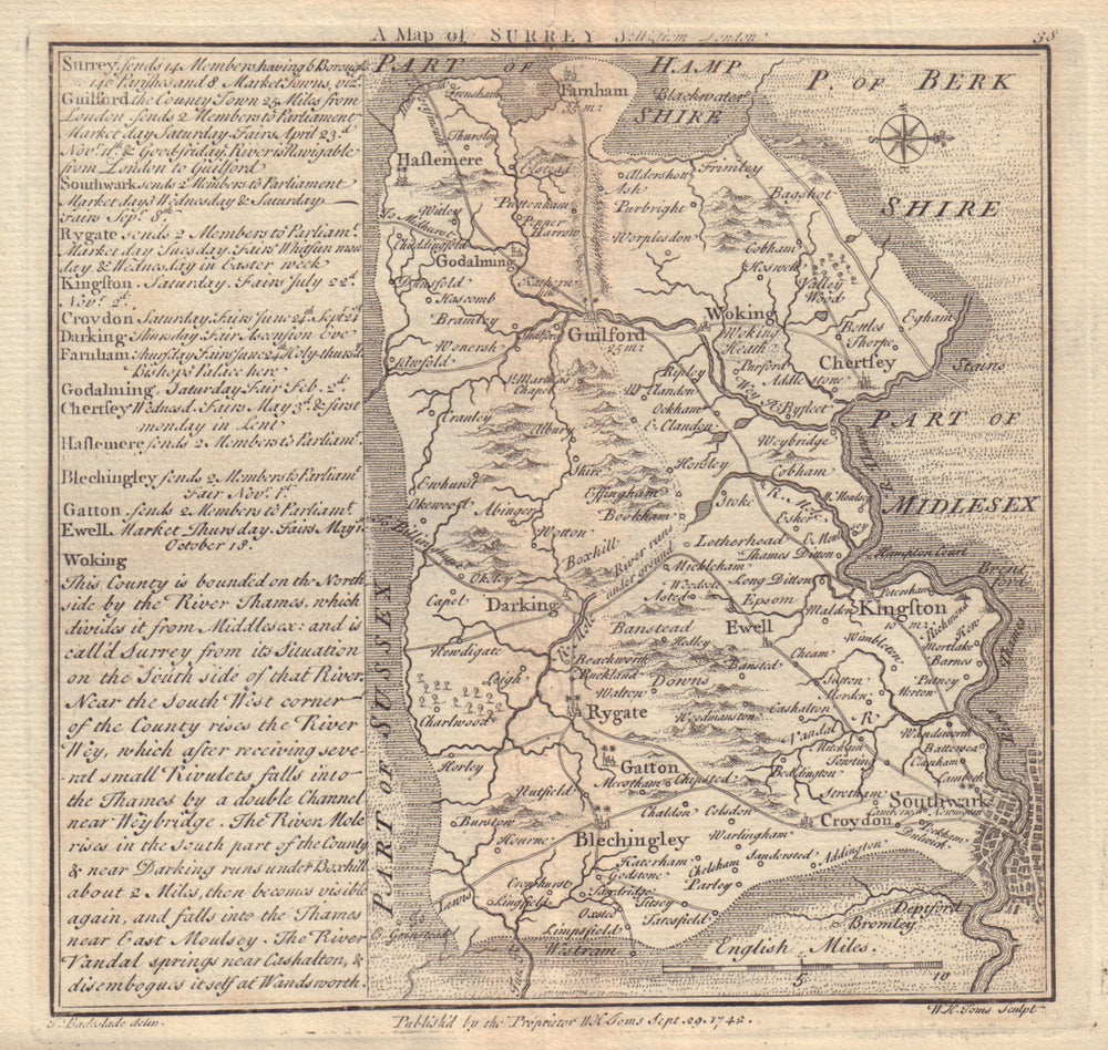 Antique county map of Surrey by Badeslade & Toms. West orientation 1742