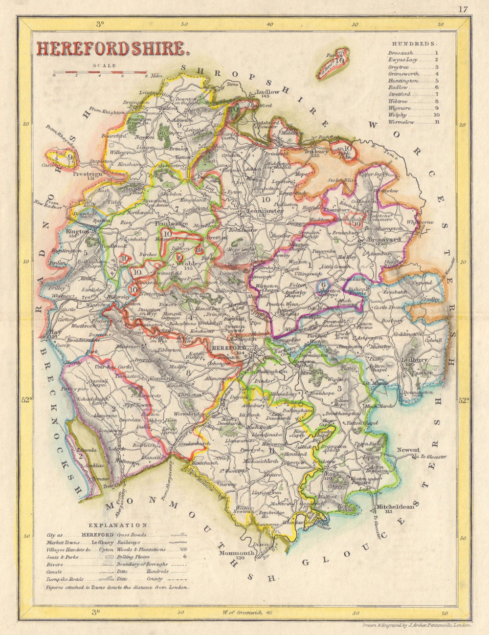 HEREFORDSHIRE county map by DUGDALE/ARCHER. Seats canals polling places 1845