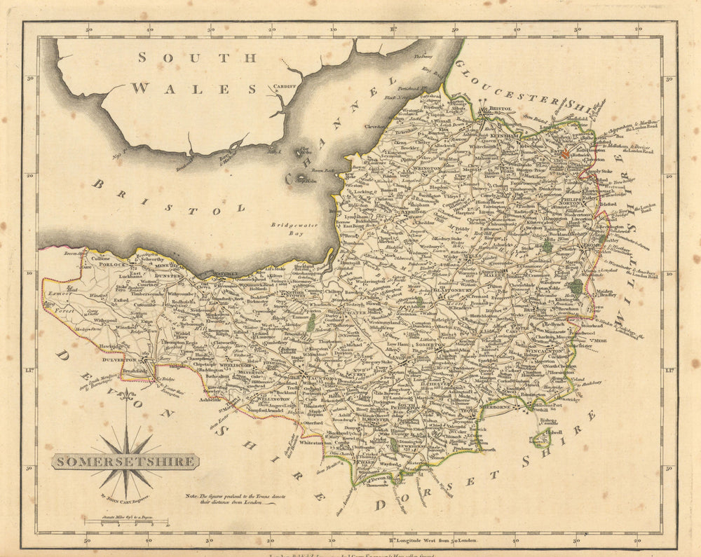 Antique county map of SOMERSETSHIRE by JOHN CARY. Original outline colour 1793