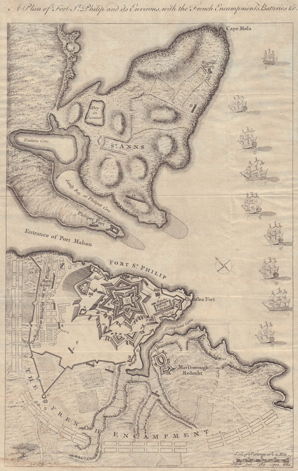 A plan of Fort St. Philip, Mahon, Menorca. French siege. GENTS MAG 1756 map