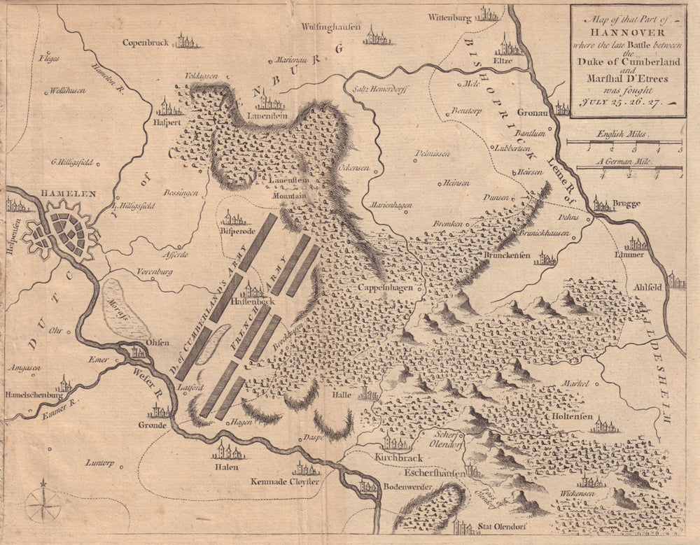 Map of that part of Hannover… Battle of Hastenbeck. Hamelin. GENTS MAG 1757