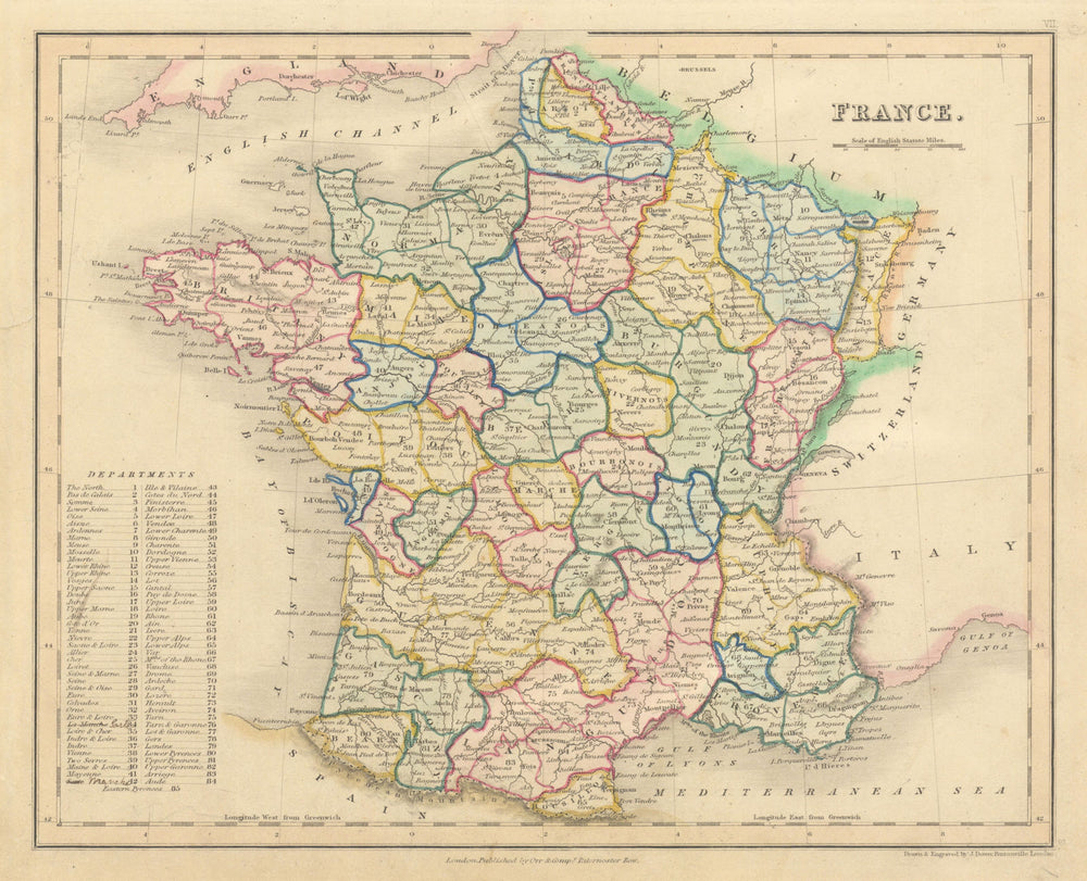 France in departments & provinces by John Dower 1845 old antique map chart