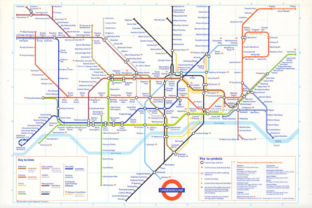 LONDON UNDERGROUND tube journey planner map. DLR u/c Bank-Shadwell. June 1989
