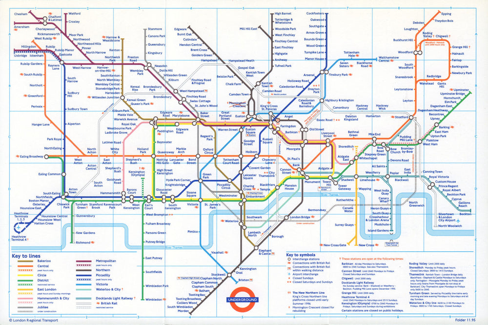 LONDON UNDERGROUND tube map. Jubilee line under construction. April 1996