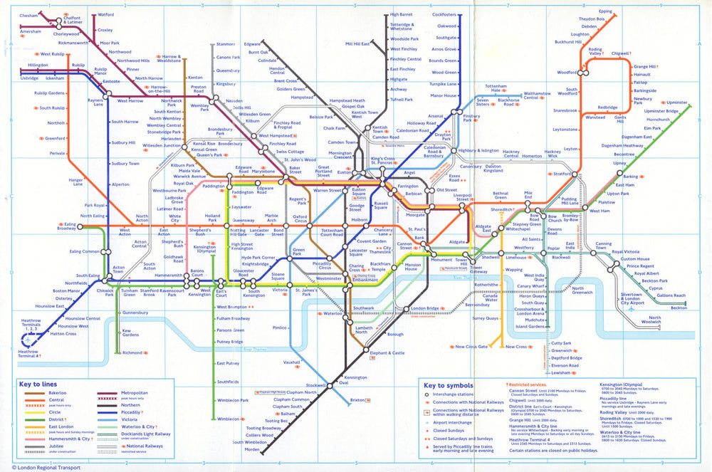 LONDON UNDERGROUND tube map Jubilee & DLR Lewisham u/construction. December 1998