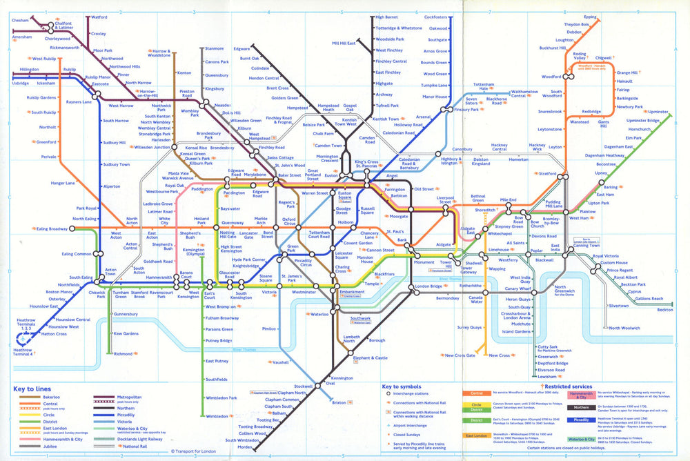 LONDON UNDERGROUND tube map Jubilee line & Lewisham DLR complete. September 2000