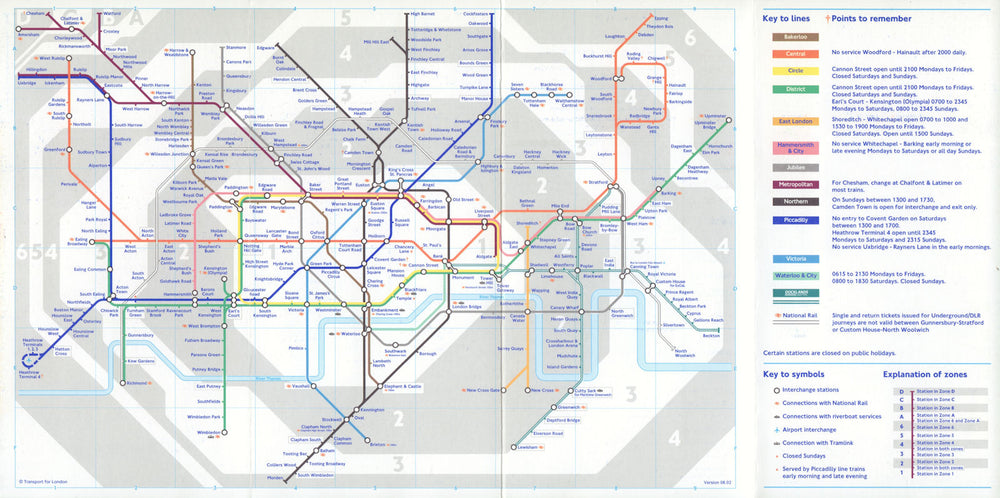 LONDON UNDERGROUND tube map. Fare zones shown. December 2002 old vintage