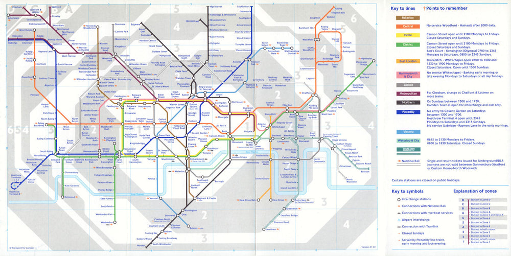 LONDON UNDERGROUND tube map. Fare zones shown. January 2003 old vintage