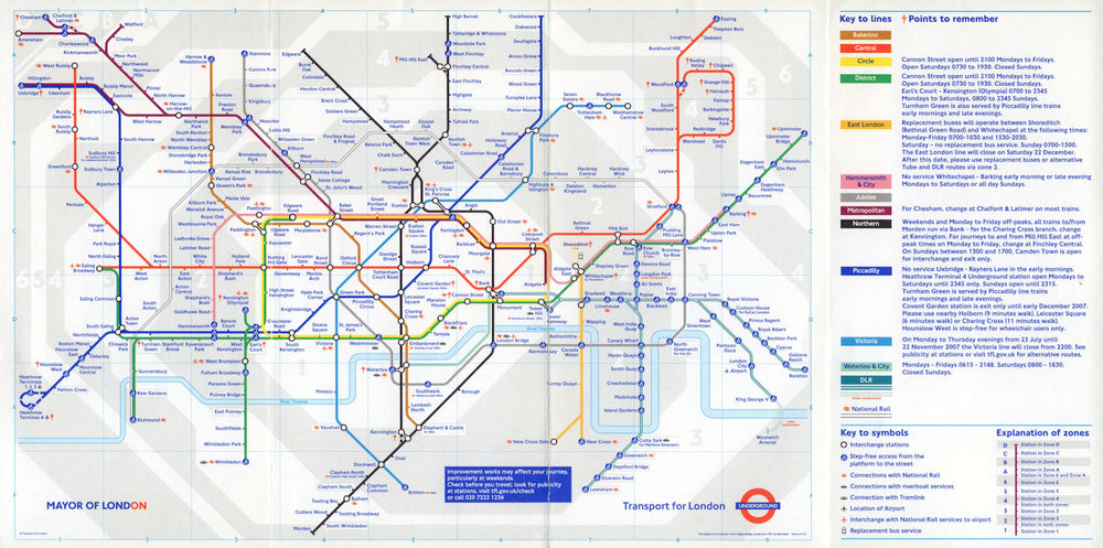 LONDON UNDERGROUND tube map. Woolwich Arsenal DLR under construction. July 2007