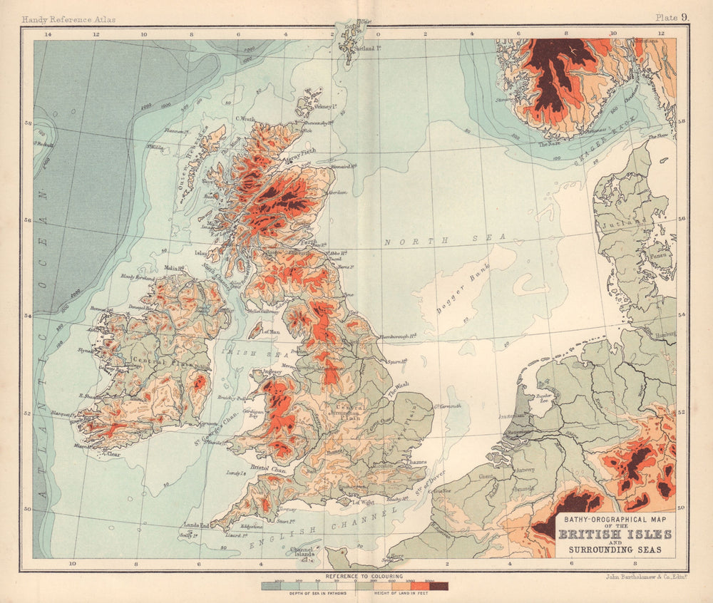 Bathy-Orographical Map of The British Isles and Surrounding Seas 1898 old