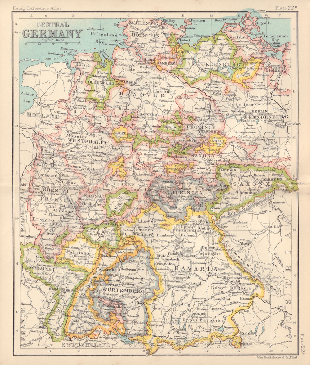 Central Germany showing states. BARTHOLOMEW 1898 old antique map plan chart
