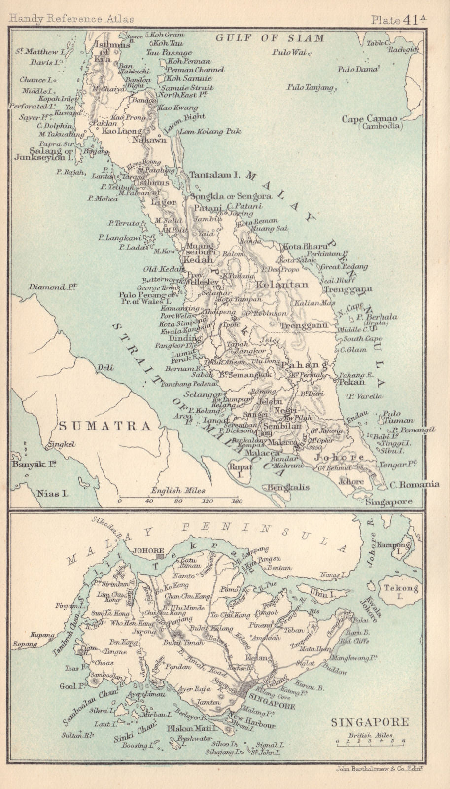 Malay Peninsula & Singapore island. Malaysia. BARTHOLOMEW 1898 old antique map