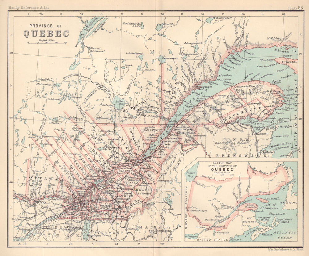Province of Quebec. Canada. BARTHOLOMEW 1898 old antique map plan chart