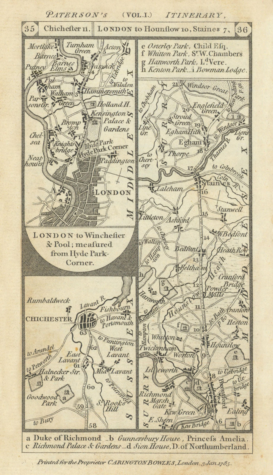 Fulham-Putney-Chiswick-Richmond-Staines-Egham road strip map PATERSON 1785