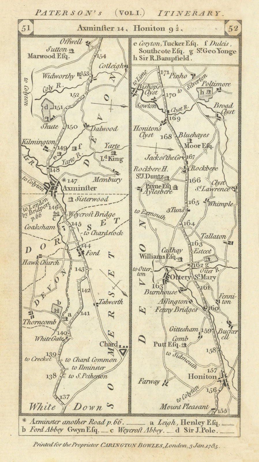 Chard-Axminster-Honiton-Ottery/Clyst St. Mary road strip map PATERSON 1785