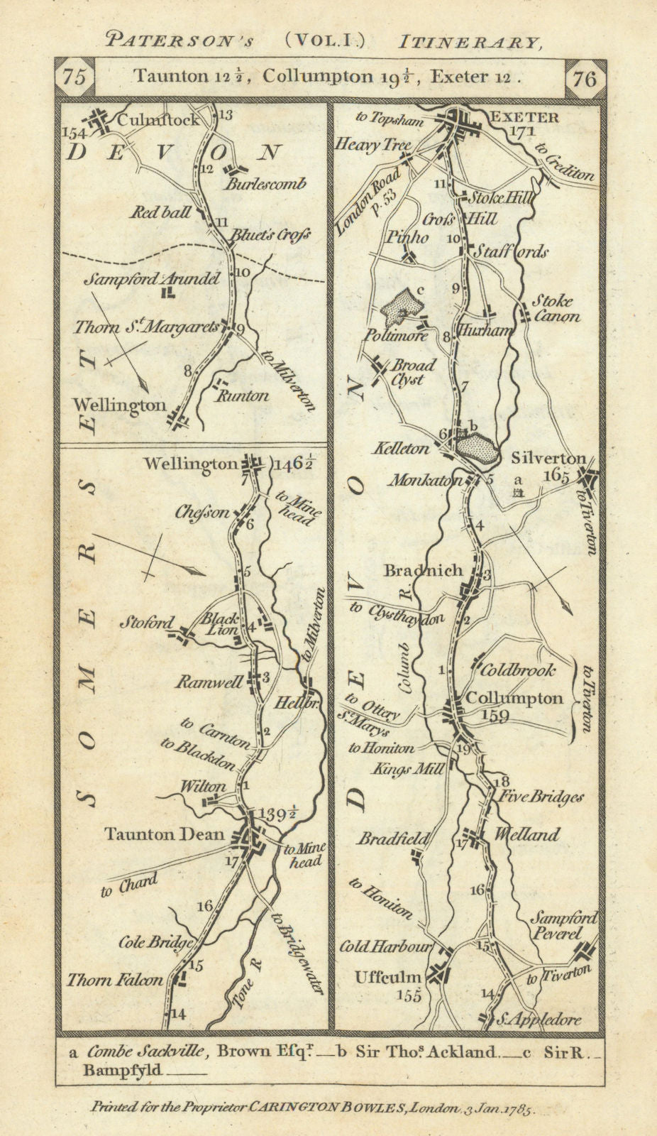 Taunton-Wellington-Collompton-Silverton-Exeter road strip map PATERSON 1785