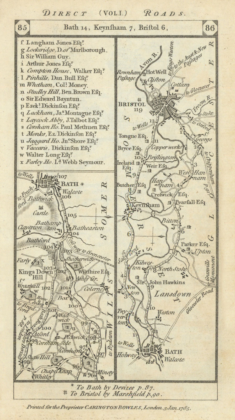 Corsham - Bath - Bristol road strip map PATERSON 1785 old antique chart
