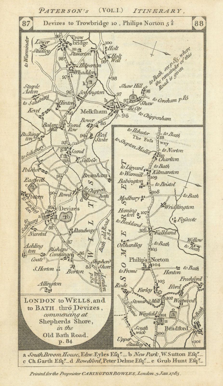 Devizes-trowbridge-Norton St Philip-Frome road strip map PATERSON 1785 old