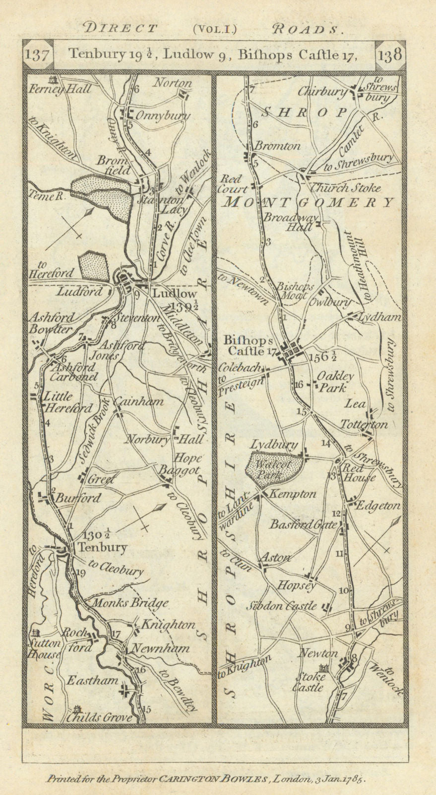 Tenbury-Ludlow-Bishop's Castle-Chirbury road strip map PATERSON 1785 old