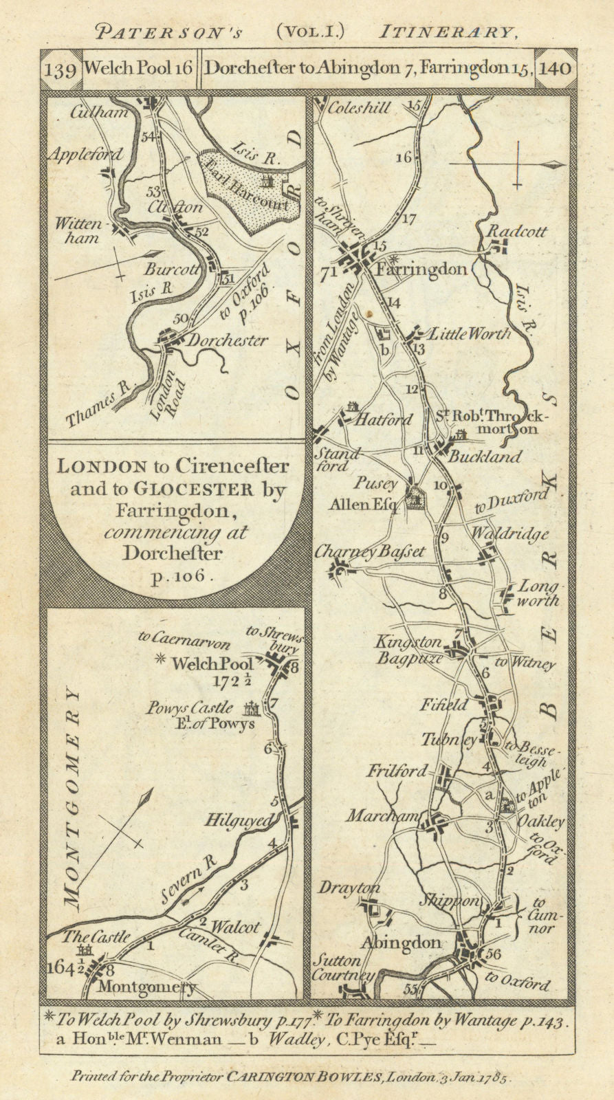 Montgomery-Welshpool. Dorchester-Abingdon road strip map PATERSON 1785 old