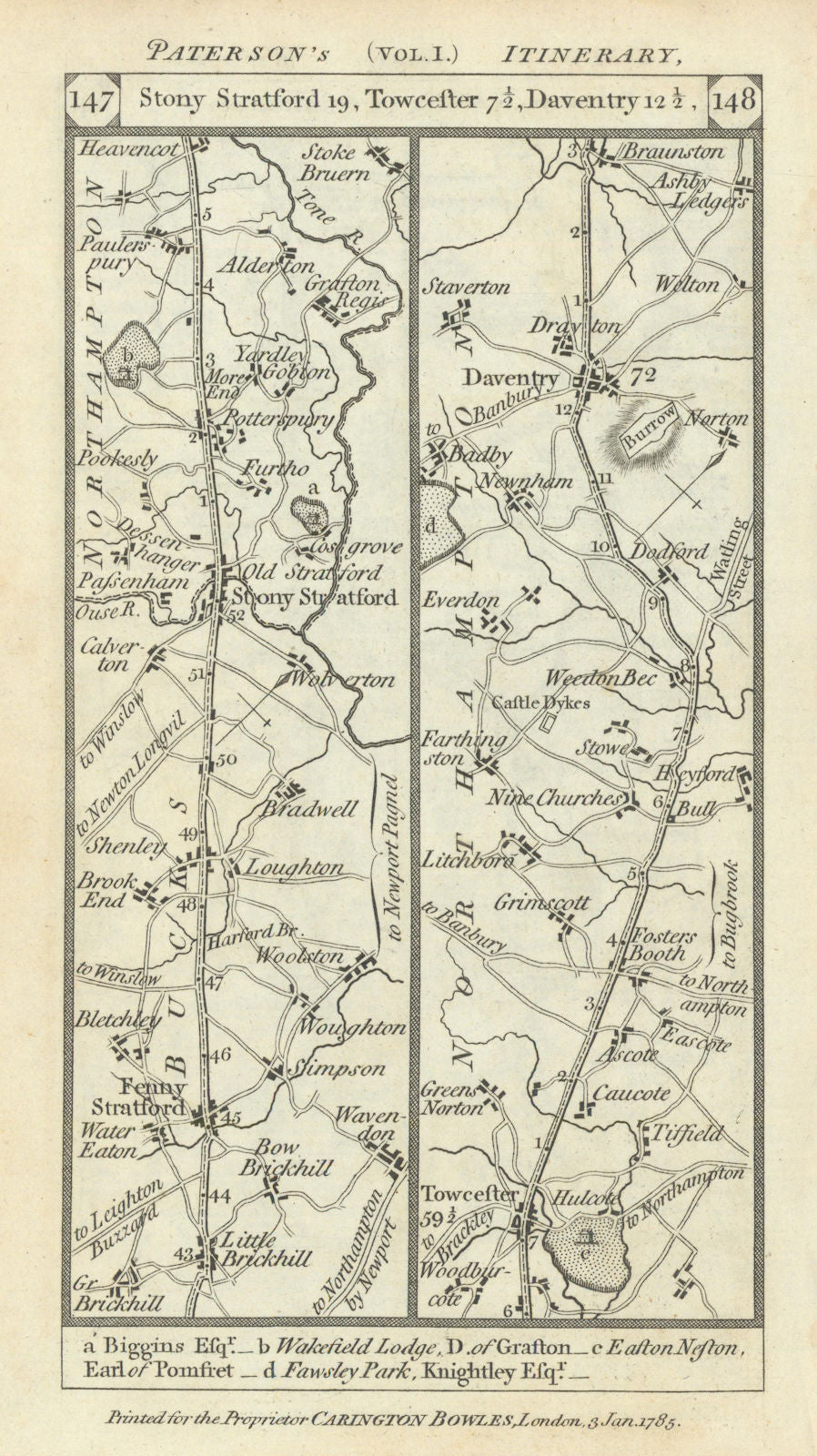Bletchley-Stony Stratford-Towcester-Daventry road strip map PATERSON 1785