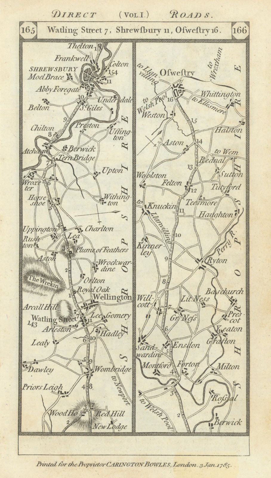 Wombridge-Wellington-Shrewsbury-Ruyton-Oswestry road strip map PATERSON 1785