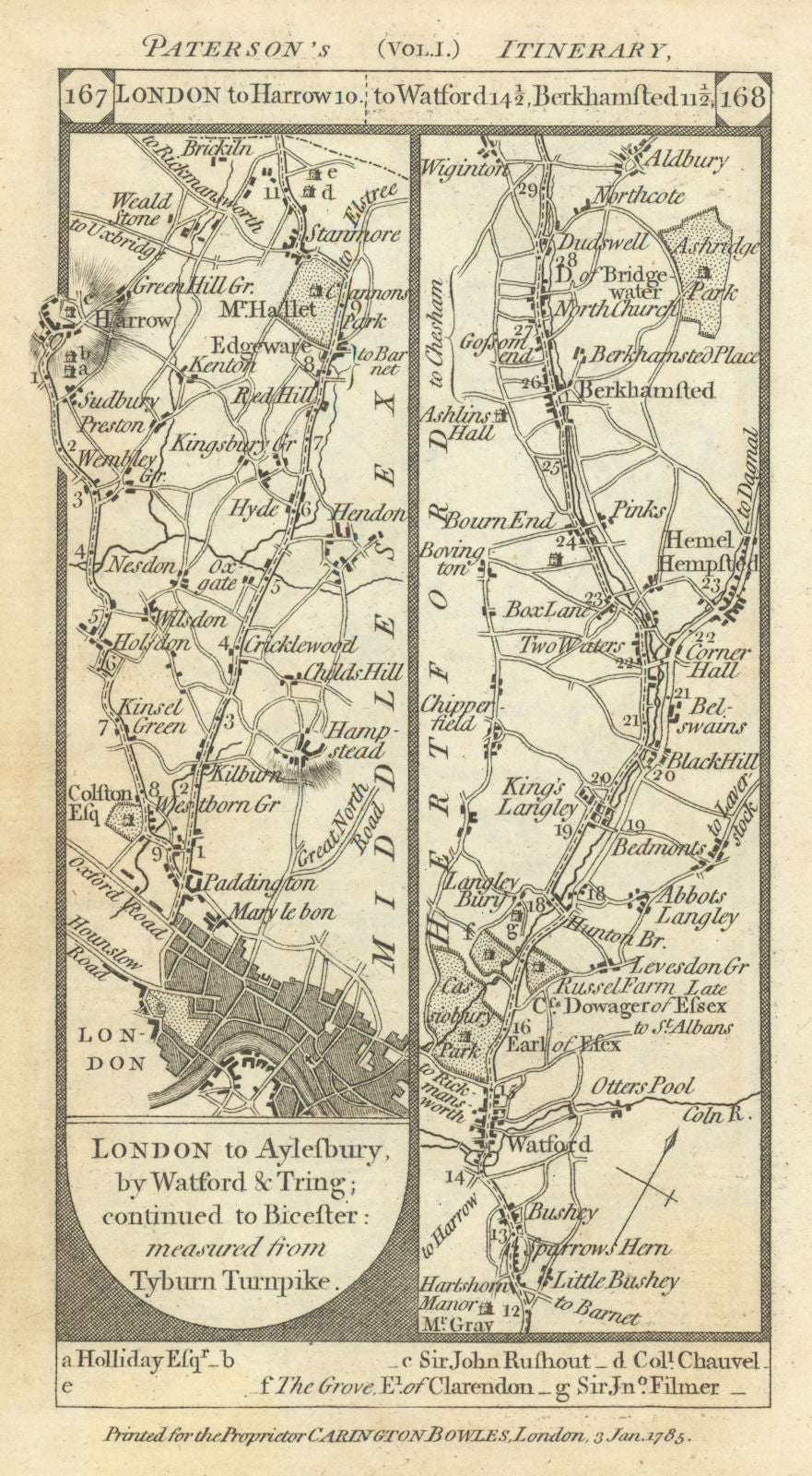 Kilburn-Cricklewood-Watford-Hemel-Berkhamsted road strip map PATERSON 1785