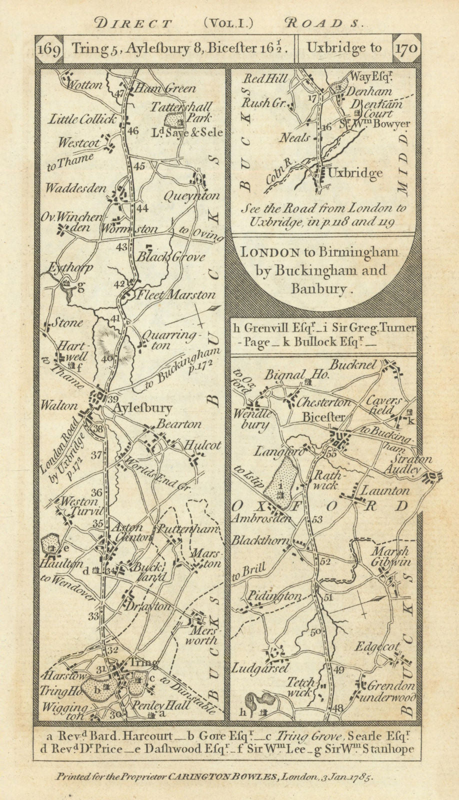 Tring-Aylesbury-Bicester. Uxbridge-Denham road strip map PATERSON 1785 old