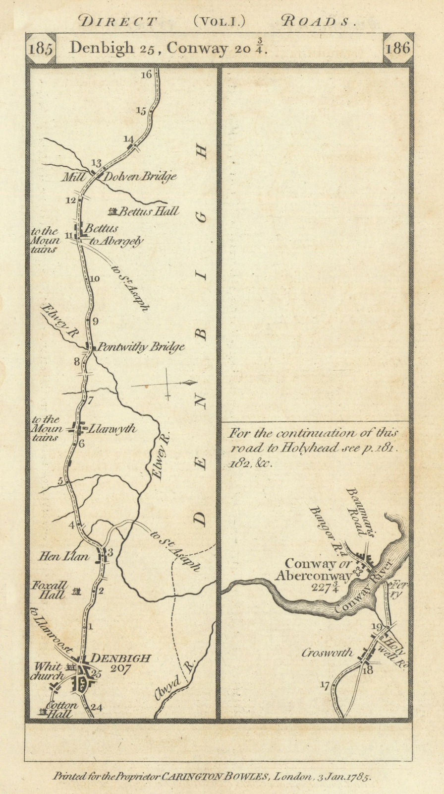 Denbigh - Betws-yn-Rhos - Dolwen - Conwy road strip map PATERSON 1785 old