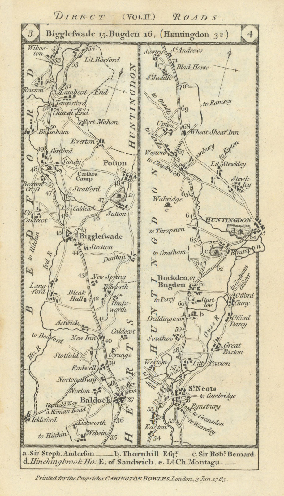 Baldock-Biggleswade-Potton-St Neots-Huntingdon road strip map PATERSON 1785
