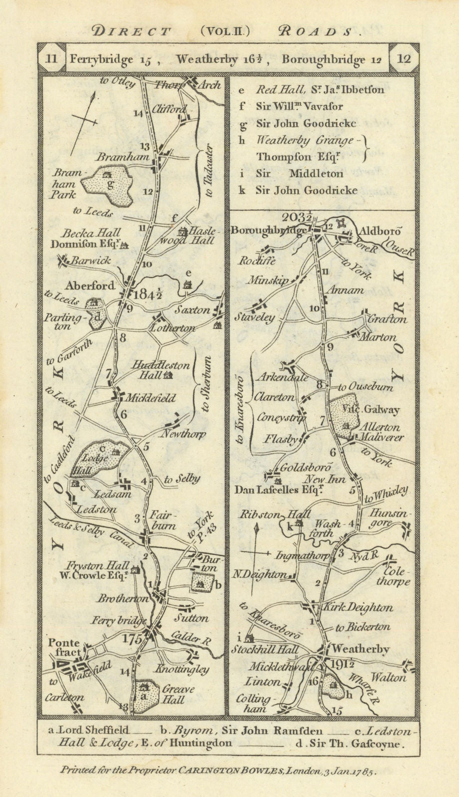 Pontefract-Aberford-Wetherby-Boroughbridge road strip map PATERSON 1785