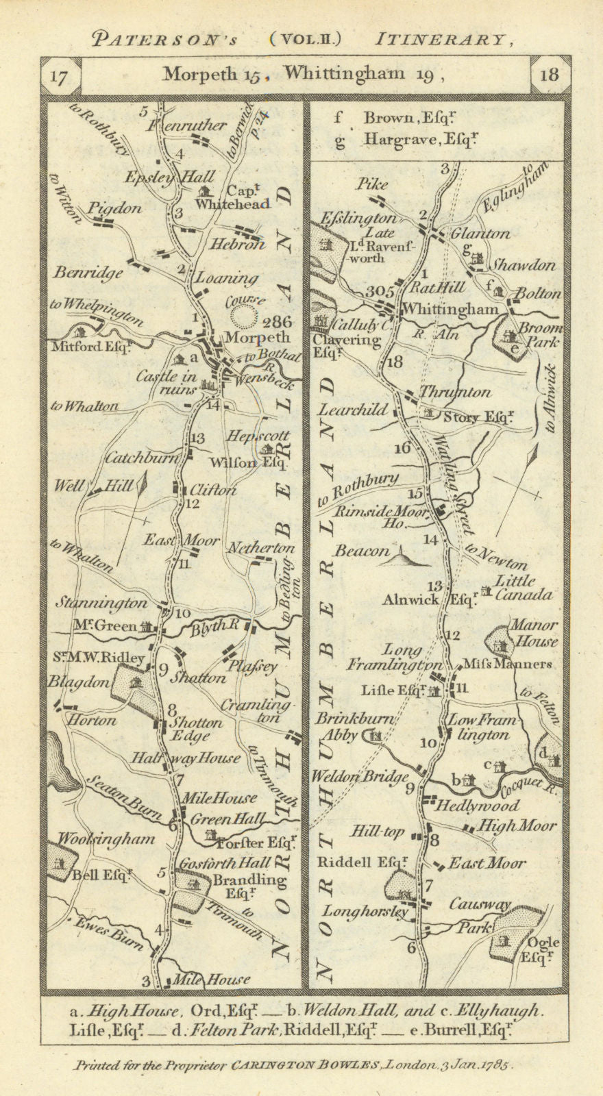 Morpeth - Whittingham road strip map PATERSON 1785 old antique plan chart
