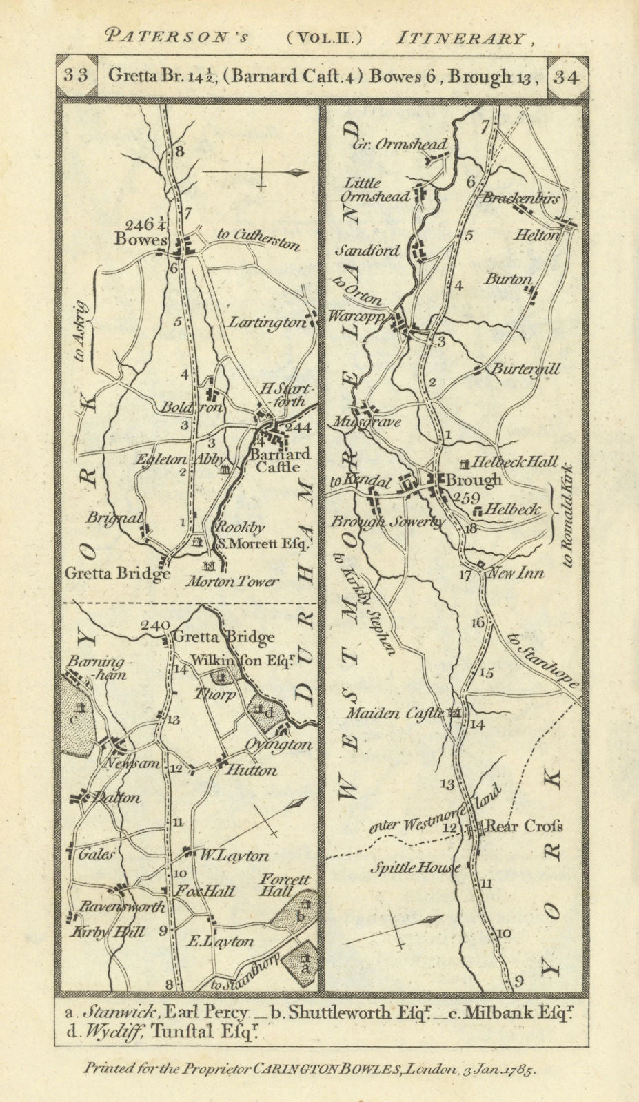 Greta Bridge-Barnard Castle-Bowes-Warcop road strip map PATERSON 1785 old