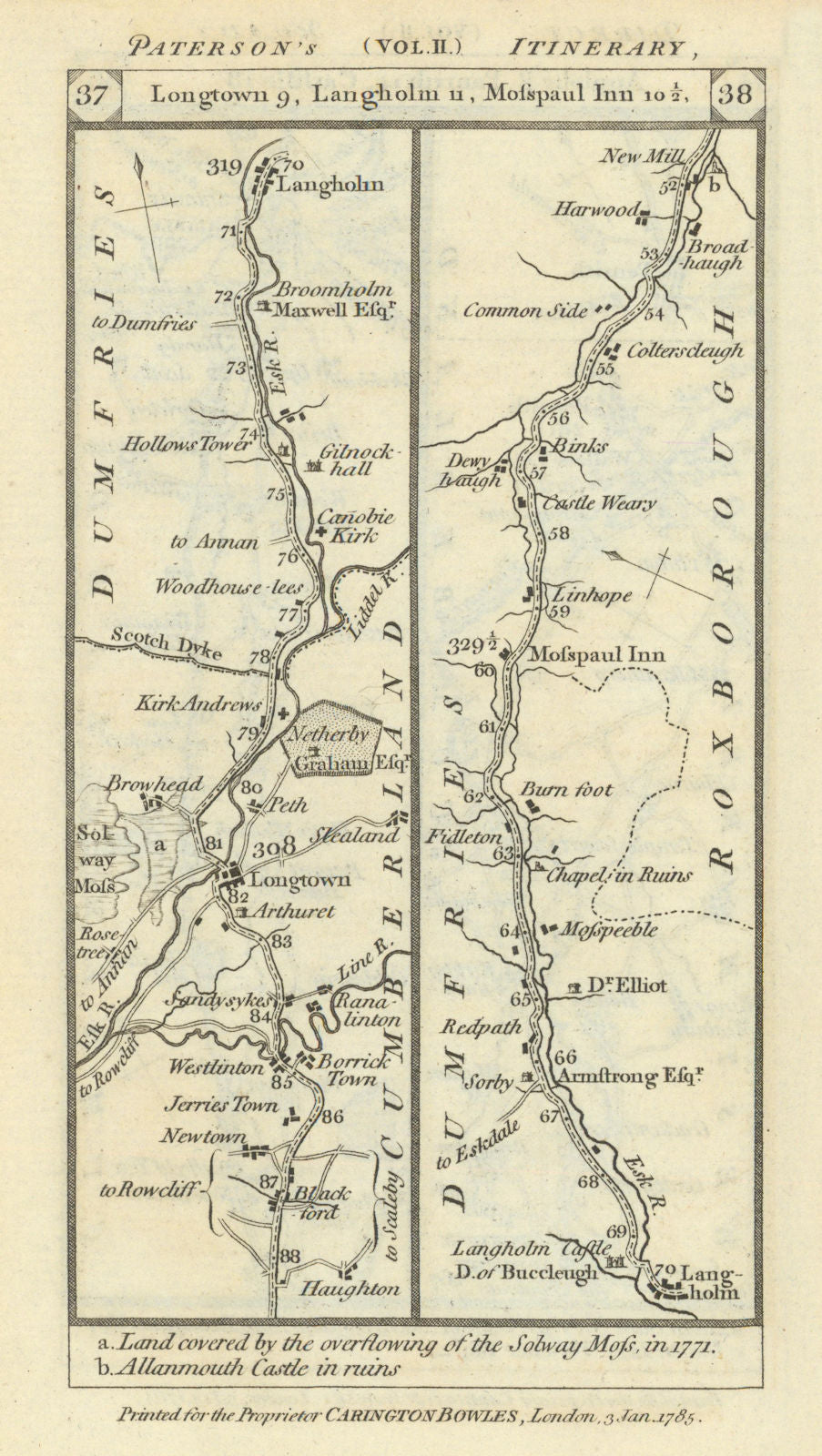 Blackford - Langholm - Harwood road strip map PATERSON 1785 old antique